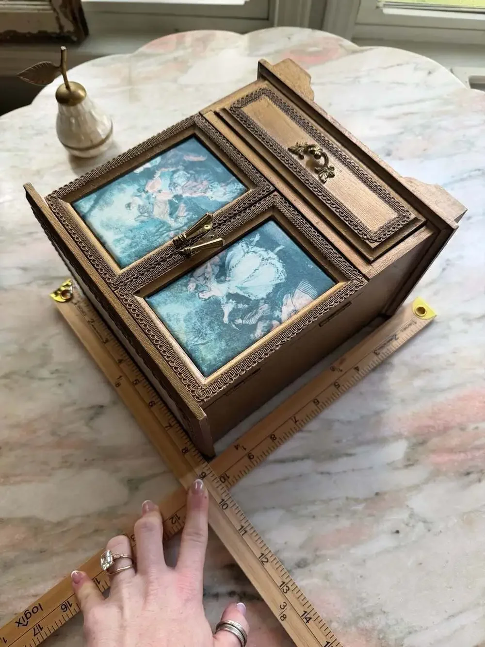 Vintage Florentine Wooden Miniature Armoire Jewelry Box with Romantic Scene Pane